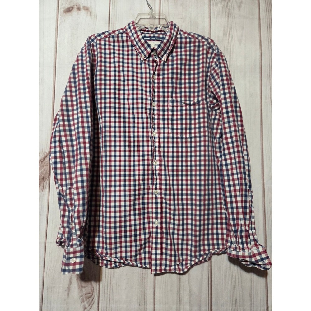 Old Navy Mens Classic Fit Red Blue Gingham Plaid Long Sleeve Button Up Shirt XL